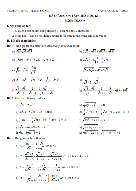 Đề cương ôn tập giữa học kì 1 (HK1) lớp 9 môn Toán năm 2022 2023 trường THCS Thành Công Hà Nội