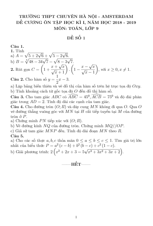 Đề cương ôn tập HKI lớp 9 môn Toán năm 2018 2019 trường chuyên Hà Nội Amsterdam