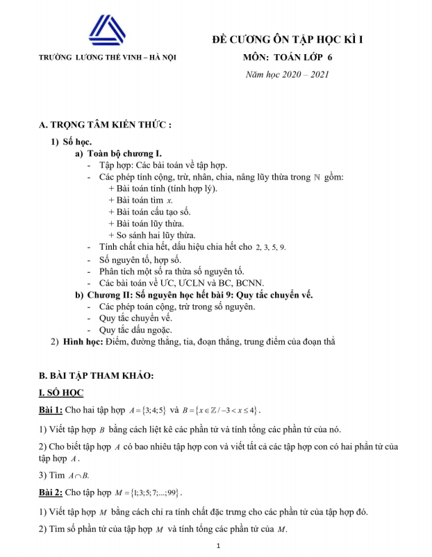 Đề cương ôn tập học kì 1 (HK1) lớp 6 môn Toán năm 2020 2021 trường Lương Thế Vinh Hà Nội