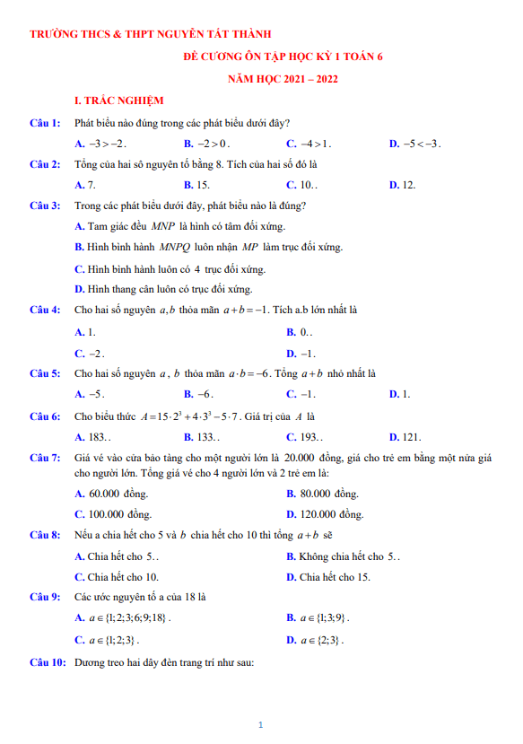Đề cương ôn tập học kì 1 (HK1) lớp 6 môn Toán năm 2021 2022 trường Nguyễn Tất Thành Hà Nội