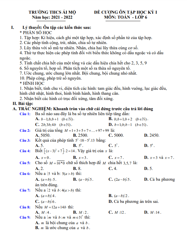 Đề cương ôn tập học kì 1 (HK1) lớp 6 môn Toán năm 2021 2022 trường THCS Ái Mộ Hà Nội