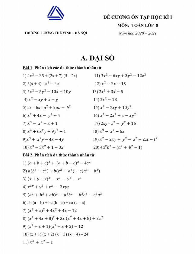 Đề cương ôn tập học kì 1 (HK1) lớp 8 môn Toán năm 2020 2021 trường Lương Thế Vinh Hà Nội