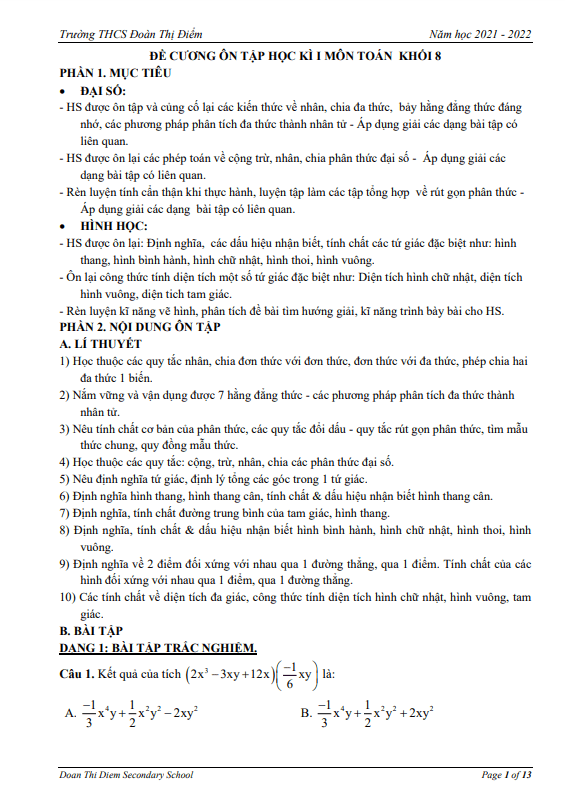 Đề cương ôn tập học kì 1 (HK1) lớp 8 môn Toán năm 2021 2022 trường THCS Đoàn Thị Điểm Hà Nội