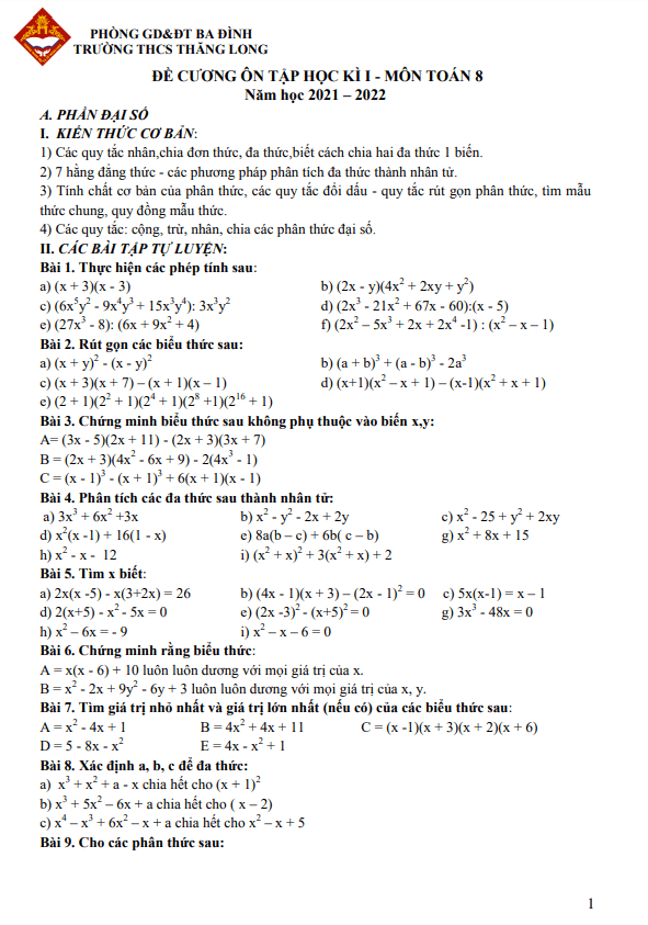 Đề cương ôn tập học kì 1 (HK1) lớp 8 môn Toán năm 2021 2022 trường THCS Thăng Long Hà Nội