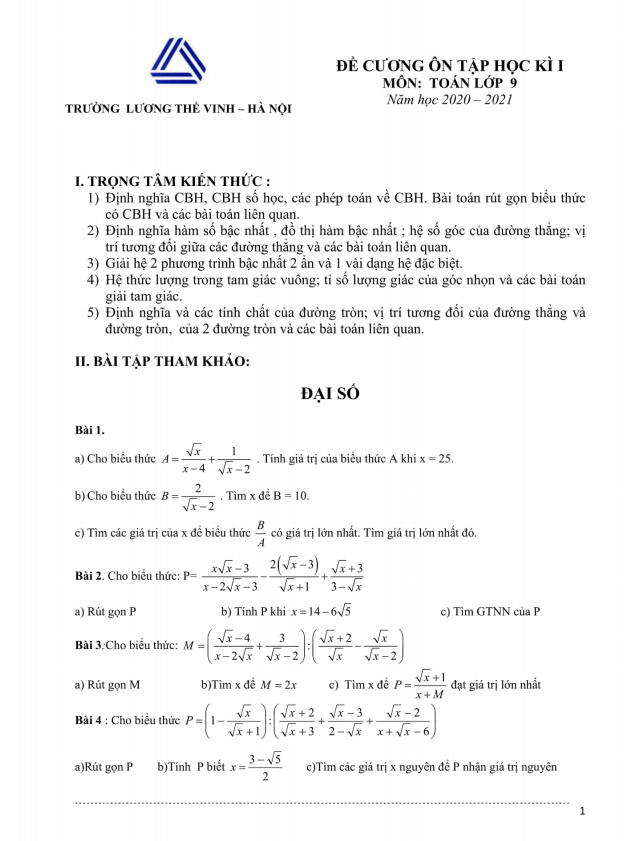 Đề cương ôn tập học kì 1 (HK1) lớp 9 môn Toán năm 2020 2021 trường Lương Thế Vinh Hà Nội