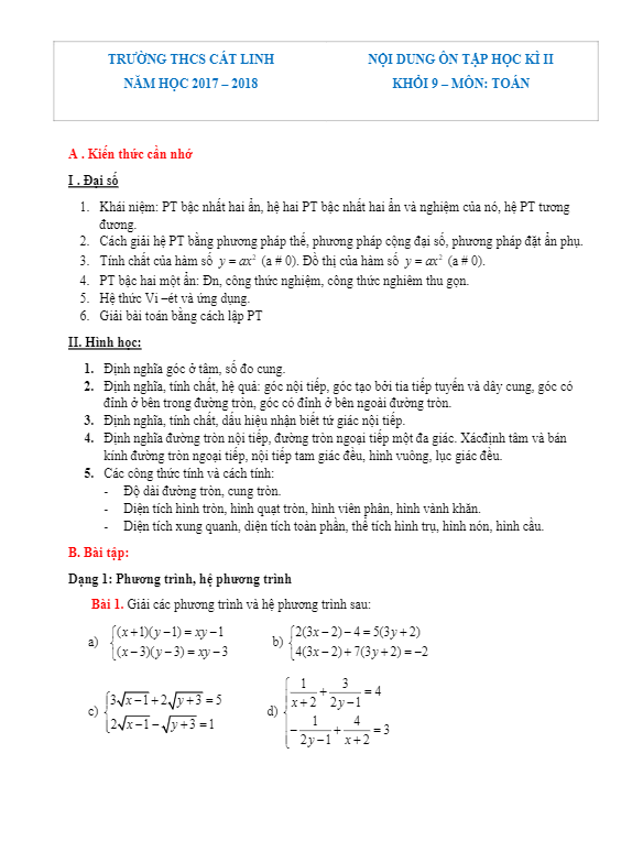 Đề cương ôn tập học kì 2 (HK2) lớp 9 môn Toán năm 2017 2018 trường THCS Cát Linh Hà Nội