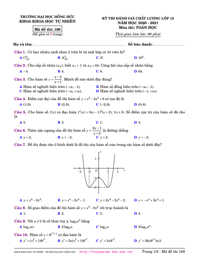 Đề đánh giá chất lượng lớp 12 môn Toán năm 2020 2021 trường Đại học Hồng Đức Thanh Hóa