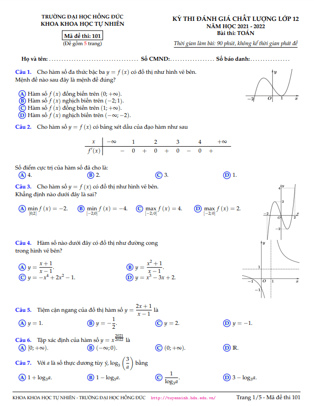 Đề đánh giá chất lượng lớp 12 môn Toán năm 2021 2022 trường Đại học Hồng Đức Thanh Hóa