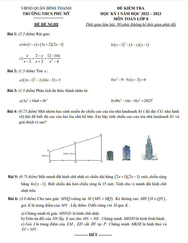 Đề đề nghị cuối học kì 1 (HK1) lớp 8 môn Toán năm 2022 2023 trường THCS Phú Mỹ TP HCM