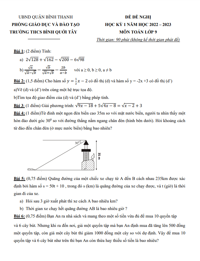 Đề đề nghị cuối học kì 1 (HK1) lớp 9 môn Toán năm 2022 2023 trường THCS Bình Quới Tây TP HCM