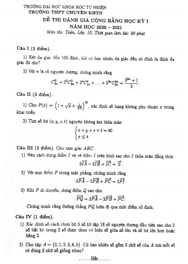 Đề ĐGCB học kì 1 (HK1) lớp 10 môn Toán năm 2020 2021 trường THPT chuyên KHTN Hà Nội
