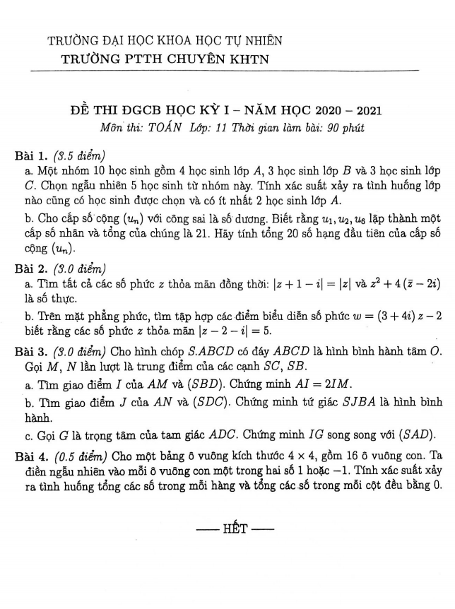 Đề ĐGCB học kì 1 (HK1) lớp 11 môn Toán năm 2020 2021 trường THPT chuyên KHTN Hà Nội
