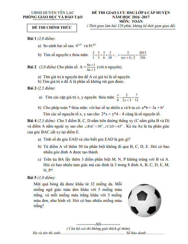 Đề giao lưu HSG lớp 6 môn Toán năm 2016 2017 phòng GD ĐT Yên Lạc Vĩnh Phúc
