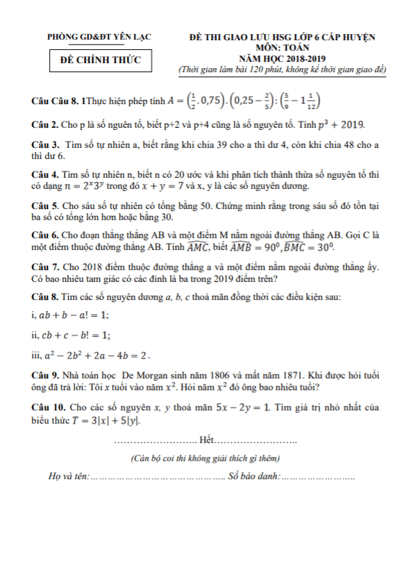Đề giao lưu HSG lớp 6 môn Toán năm 2018 2019 phòng GD ĐT Yên Lạc Vĩnh Phúc