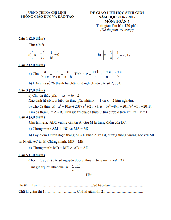 Đề giao lưu HSG lớp 7 môn Toán năm 2016 2017 phòng GD ĐT Chí Linh Hải Dương