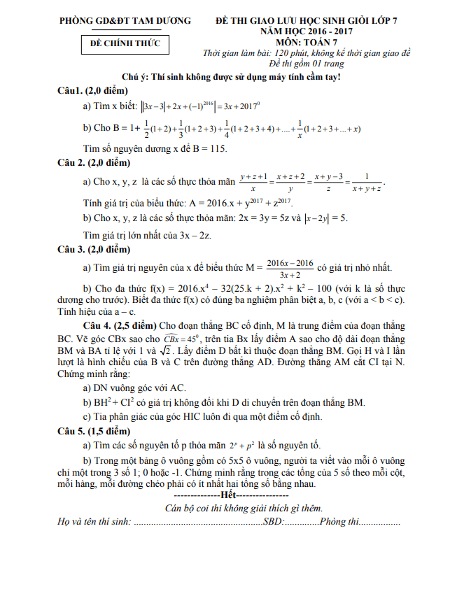 Đề giao lưu HSG lớp 7 môn Toán năm 2016 2017 phòng GD ĐT Tam Dương Vĩnh Phúc