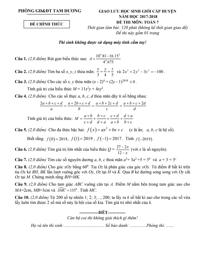 Đề giao lưu HSG lớp 7 môn Toán năm 2017 2018 phòng GD ĐT Tam Dương Vĩnh Phúc