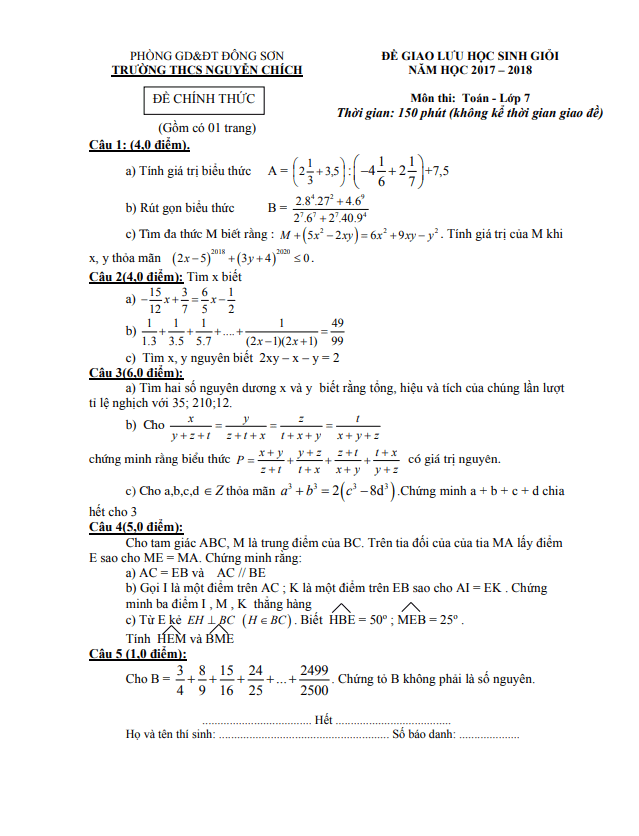 Đề giao lưu HSG lớp 7 môn Toán năm 2017 2018 trường THCS Nguyễn Chích Thanh Hóa
