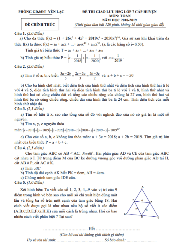 Đề giao lưu HSG lớp 7 môn Toán năm 2018 2019 phòng GD ĐT Yên Lạc Vĩnh Phúc