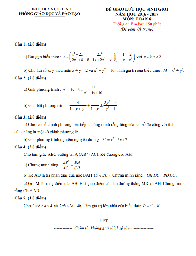 Đề giao lưu HSG lớp 8 môn Toán năm 2016 2017 phòng GD ĐT Chí Linh Hải Dương