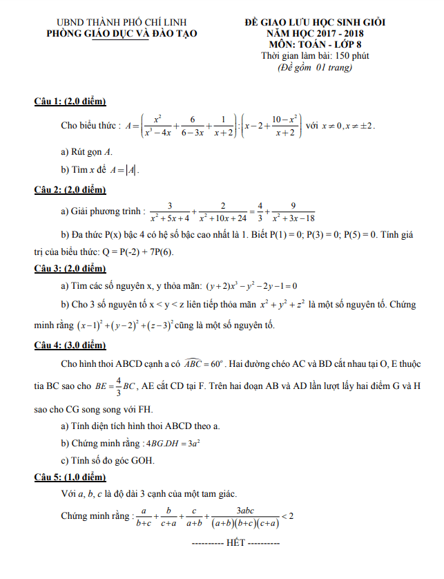 Đề giao lưu HSG lớp 8 môn Toán năm 2017 2018 phòng GD ĐT Chí Linh Hải Dương