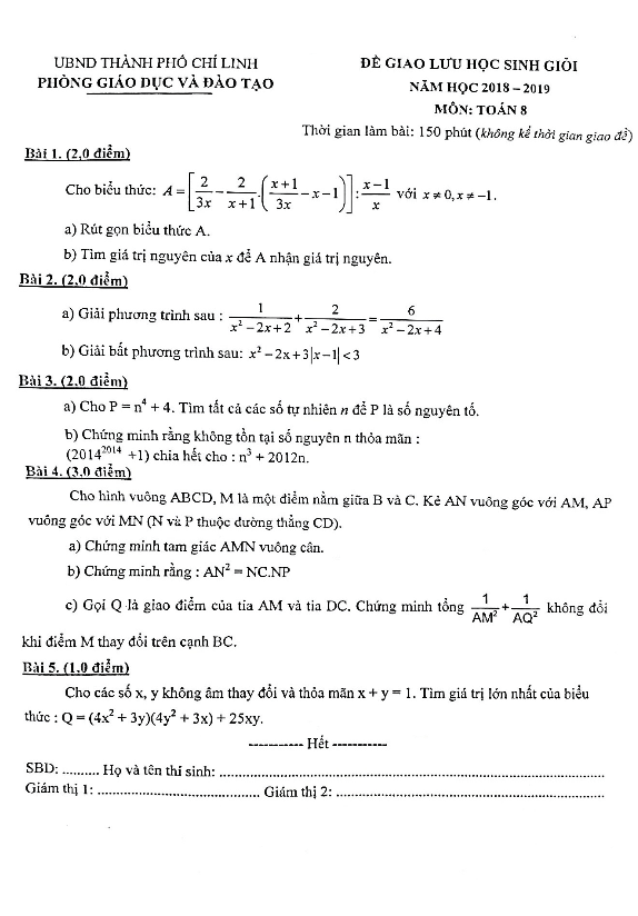 Đề giao lưu HSG lớp 8 môn Toán năm 2018 2019 phòng GD ĐT Chí Linh Hải Dương