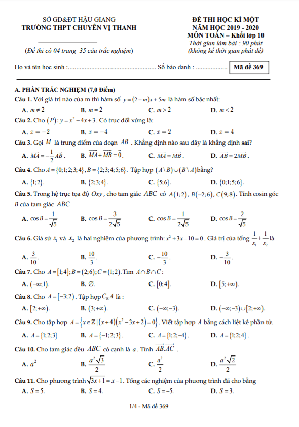 Đề học kì 1 (HK1) lớp 10 môn Toán năm 2019 2020 trường THPT chuyên Vị Thanh Hậu Giang