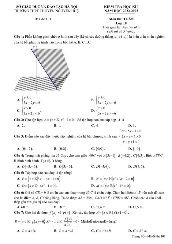 Đề học kì 1 (HK1) lớp 10 môn Toán năm 2022 2023 trường chuyên Nguyễn Huệ Hà Nội