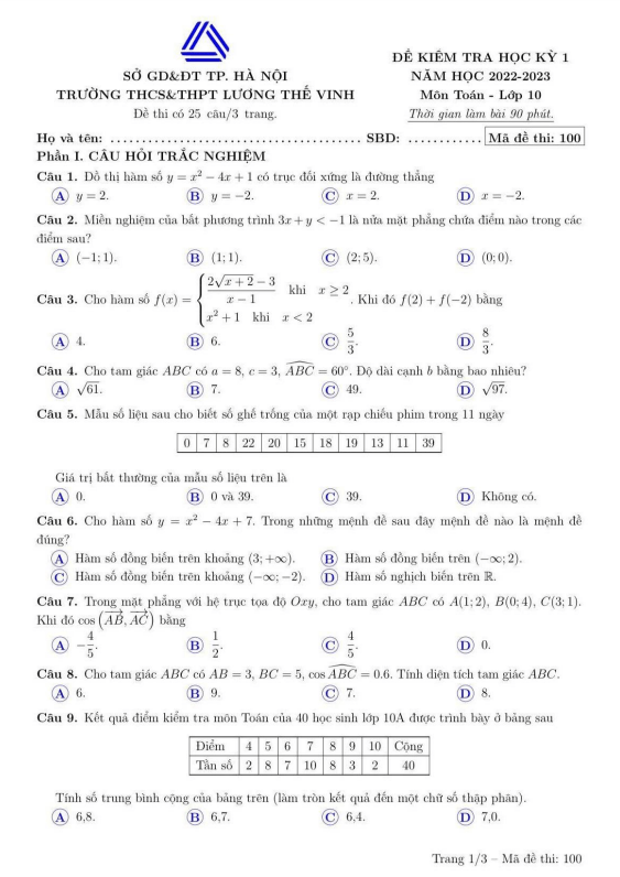 Đề học kì 1 (HK1) lớp 10 môn Toán năm 2022 2023 trường Lương Thế Vinh Hà Nội