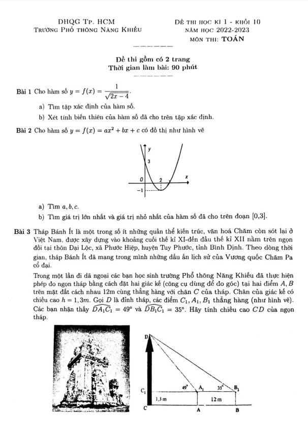 Đề học kì 1 (HK1) lớp 10 môn Toán năm 2022 2023 trường Phổ thông Năng khiếu TP HCM