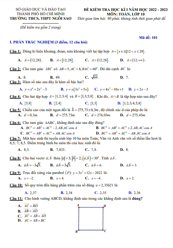 Đề học kì 1 (HK1) lớp 10 môn Toán năm 2022 2023 trường THCS THPT Ngôi Sao TP HCM