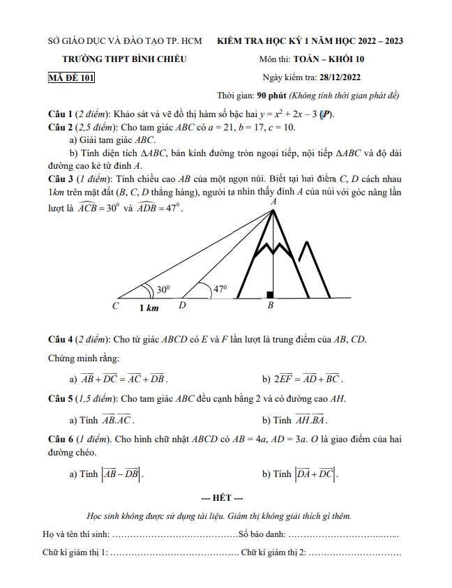 Đề học kì 1 (HK1) lớp 10 môn Toán năm 2022 2023 trường THPT Bình Chiểu TP HCM