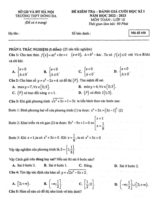 Đề học kì 1 (HK1) lớp 10 môn Toán năm 2022 2023 trường THPT Đống Đa Hà Nội