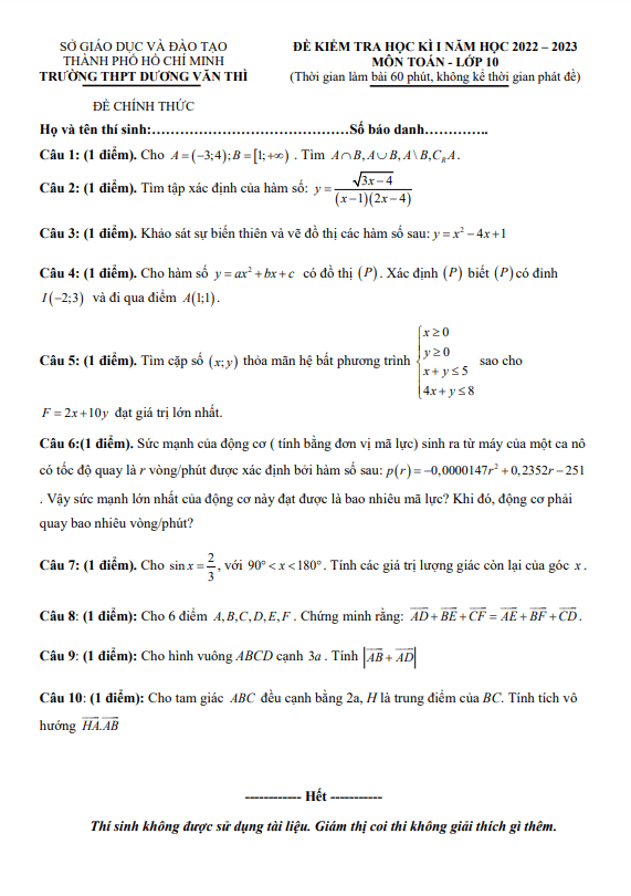 Đề học kì 1 (HK1) lớp 10 môn Toán năm 2022 2023 trường THPT Dương Văn Thì TP HCM