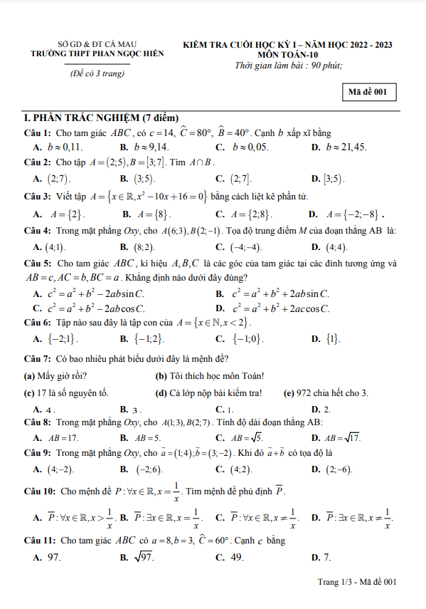 Đề học kì 1 (HK1) lớp 10 môn Toán năm 2022 2023 trường THPT Phan Ngọc Hiển Cà Mau