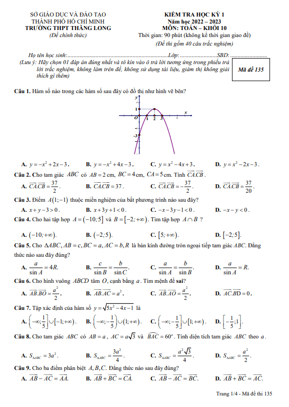 Đề học kì 1 (HK1) lớp 10 môn Toán năm 2022 2023 trường THPT Thăng Long TP HCM