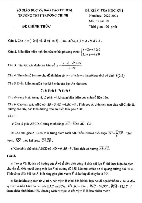 Đề học kì 1 (HK1) lớp 10 môn Toán năm 2022 2023 trường THPT Trường Chinh TP HCM