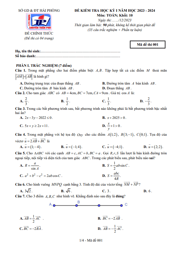 Đề học kì 1 (HK1) lớp 10 môn Toán năm 2023 2024 trường chuyên Trần Phú Hải Phòng