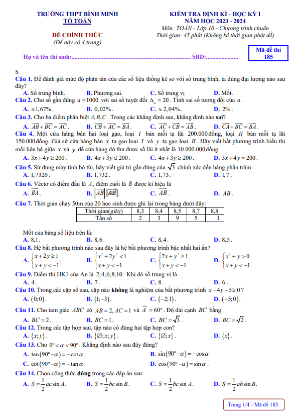 Đề học kì 1 (HK1) lớp 10 môn Toán năm 2023 2024 trường THPT Bình Minh Vĩnh Long