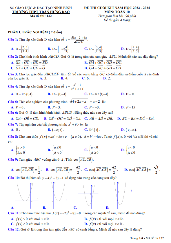 Đề học kì 1 (HK1) lớp 10 môn Toán năm 2023 2024 trường THPT Trần Hưng Đạo Ninh Bình