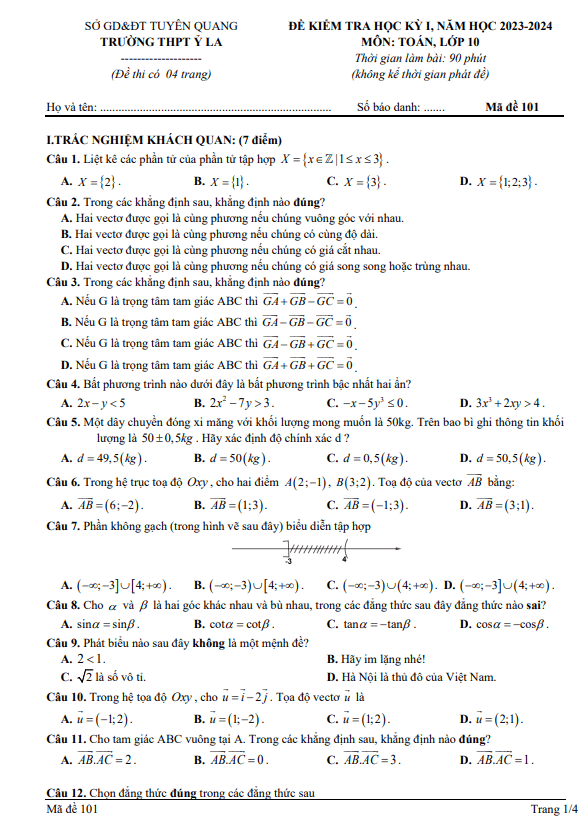 Đề học kì 1 (HK1) lớp 10 môn Toán năm 2023 2024 trường THPT Ỷ La Tuyên Quang