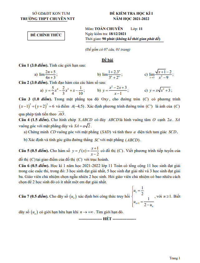 Đề học kì 1 (HK1) lớp 11 môn Toán (chuyên) năm 2021 2022 trường chuyên Nguyễn Tất Thành Kon Tum