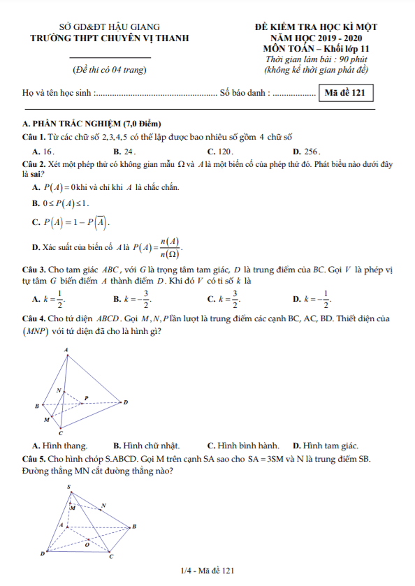 Đề học kì 1 (HK1) lớp 11 môn Toán năm 2019 2020 trường THPT chuyên Vị Thanh Hậu Giang