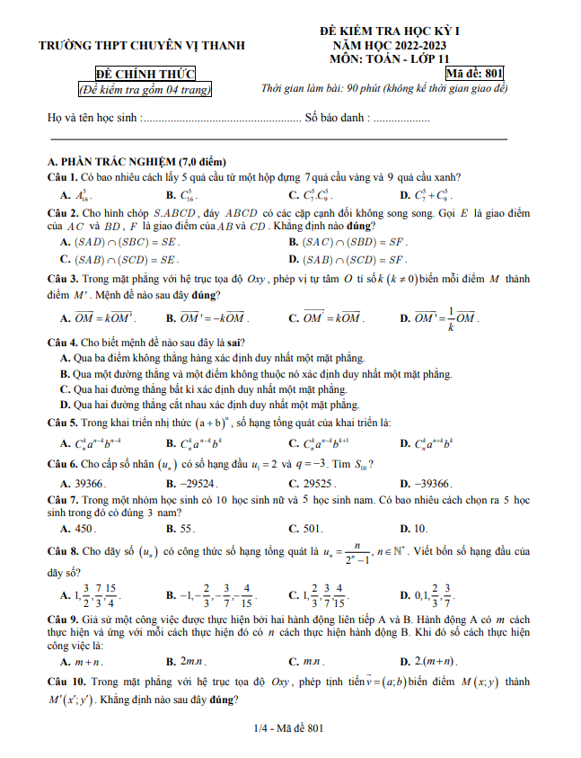 Đề học kì 1 (HK1) lớp 11 môn Toán năm 2022 2023 trường chuyên Vị Thanh Hậu Giang