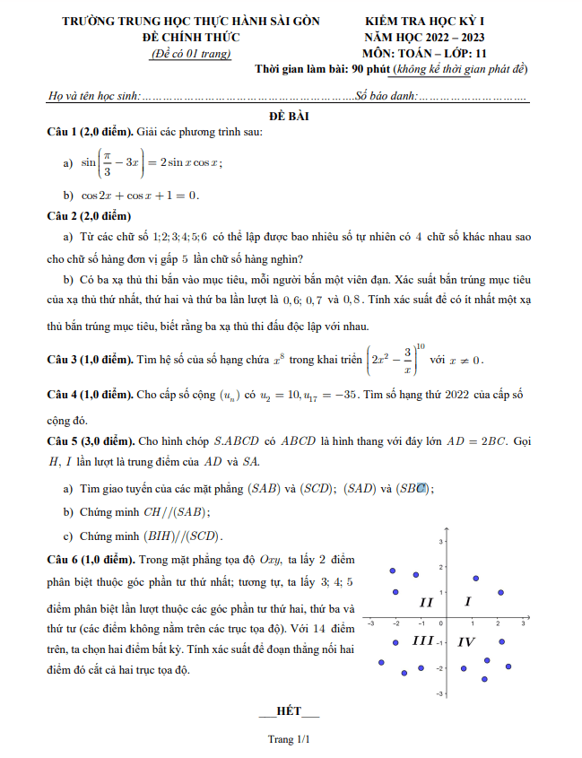 Đề học kì 1 (HK1) lớp 11 môn Toán năm 2022 2023 trường TH Thực hành Sài Gòn TP HCM