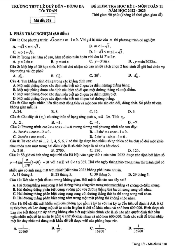 Đề học kì 1 (HK1) lớp 11 môn Toán năm 2022 2023 trường THPT Lê Quý Đôn Hà Nội