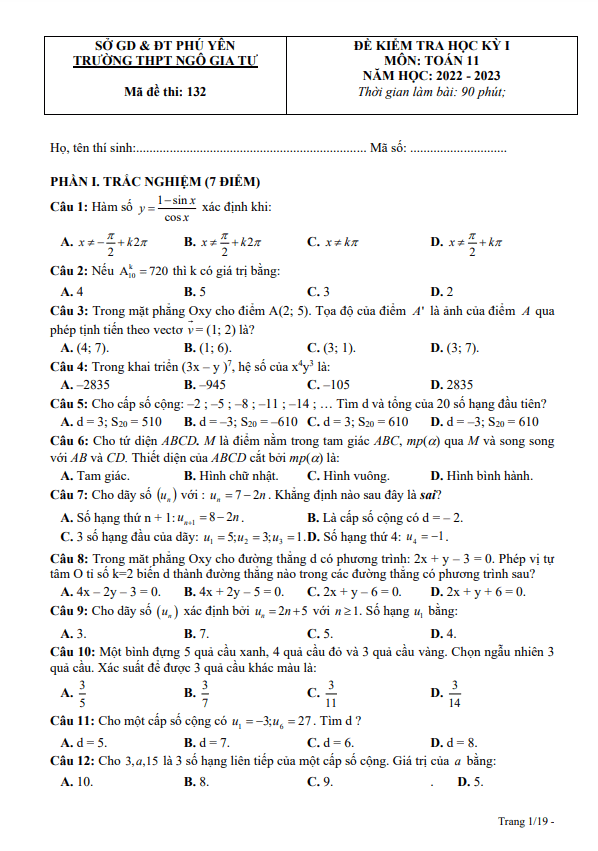 Đề học kì 1 (HK1) lớp 11 môn Toán năm 2022 2023 trường THPT Ngô Gia Tự Phú Yên