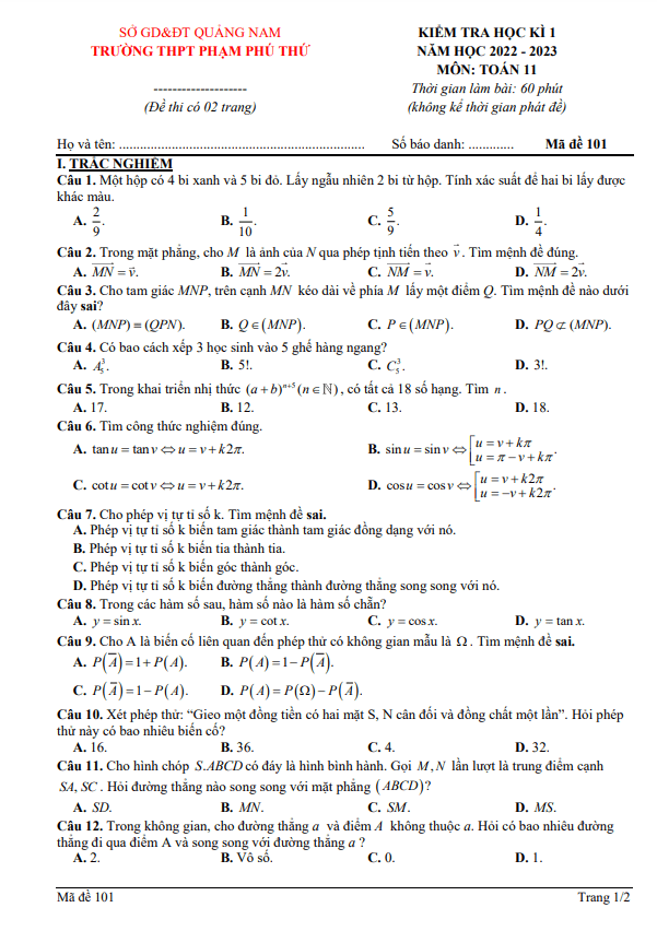 Đề học kì 1 (HK1) lớp 11 môn Toán năm 2022 2023 trường THPT Phạm Phú Thứ Quảng Nam