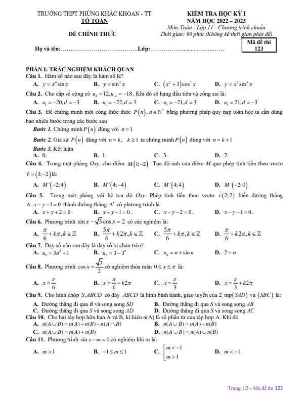 Đề học kì 1 (HK1) lớp 11 môn Toán năm 2022 2023 trường THPT Phùng Khắc Khoan Hà Nội