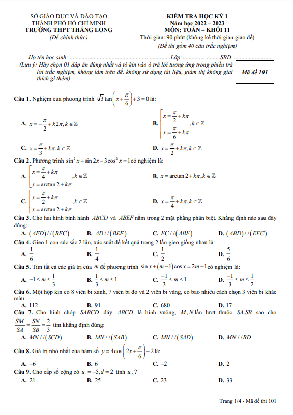 Đề học kì 1 (HK1) lớp 11 môn Toán năm 2022 2023 trường THPT Thăng Long TP HCM